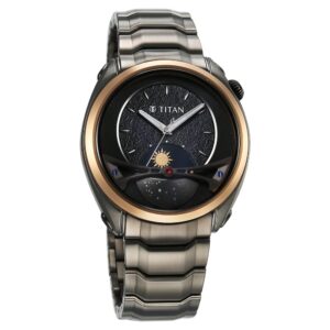 Titan Stellar Quartz Multifunction Black Dial Metallic Grey Stainless Steel Strap Watch for Men - NT10010KM01